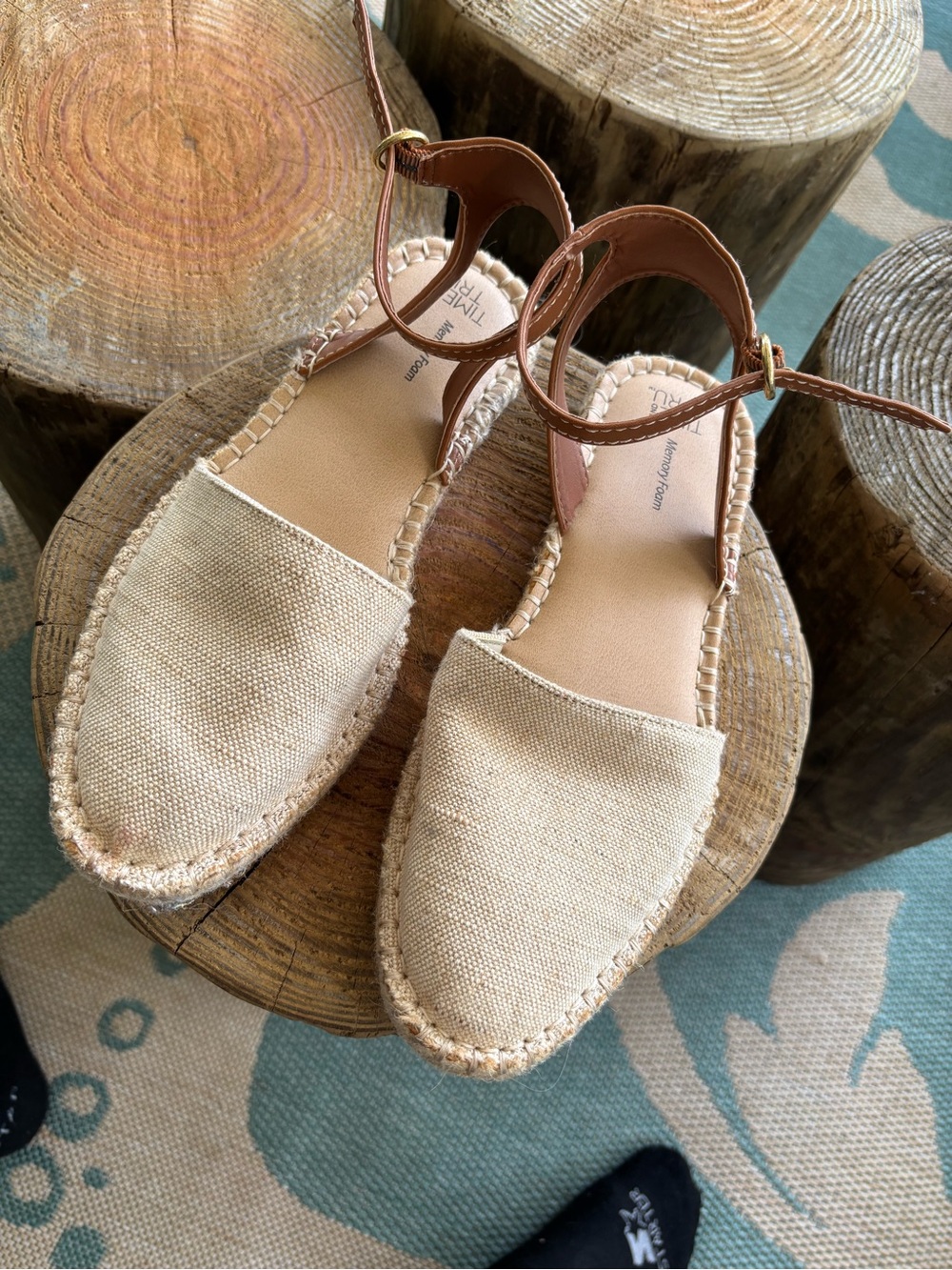 Time and Tru Beige Canvas Espadrille Sandals with Tan Ankle Strap